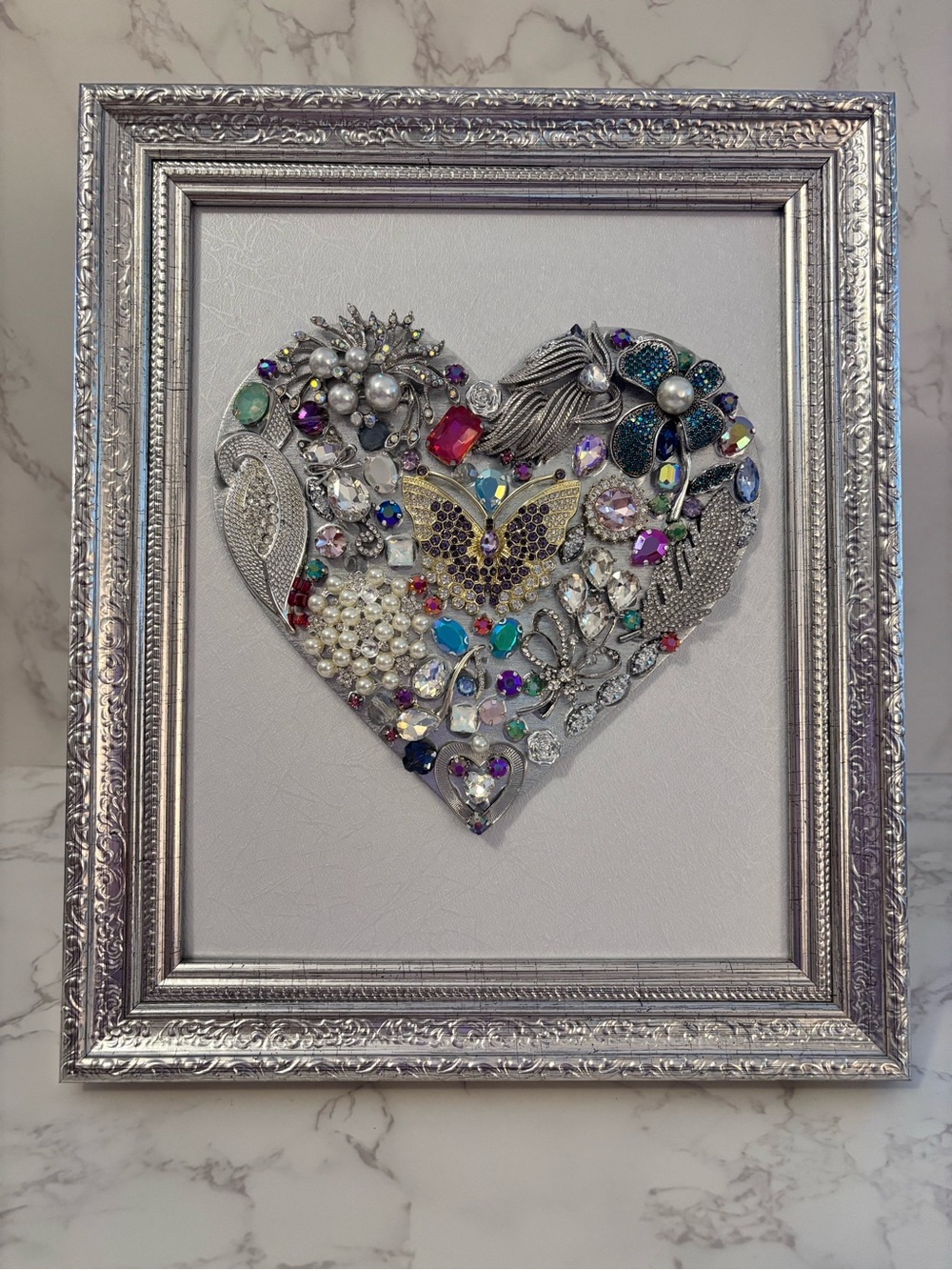 8x10 Embellished Heart Jewel Wall Art - Silver Frame